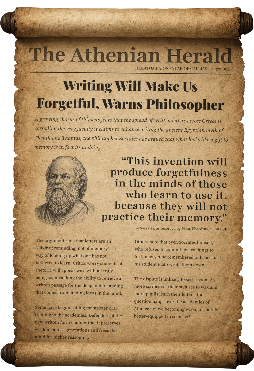 The Athenian Herald, c. 370 BCE. Headline: Writing Will Make Us Forgetful, Warns Philosopher. Pull quote from Socrates as recorded by Plato in Phaedrus: This invention will produce forgetfulness in the minds of those who learn to use it, because they will not practice their memory. Includes an engraved portrait of Socrates and three columns of body text on aged parchment.