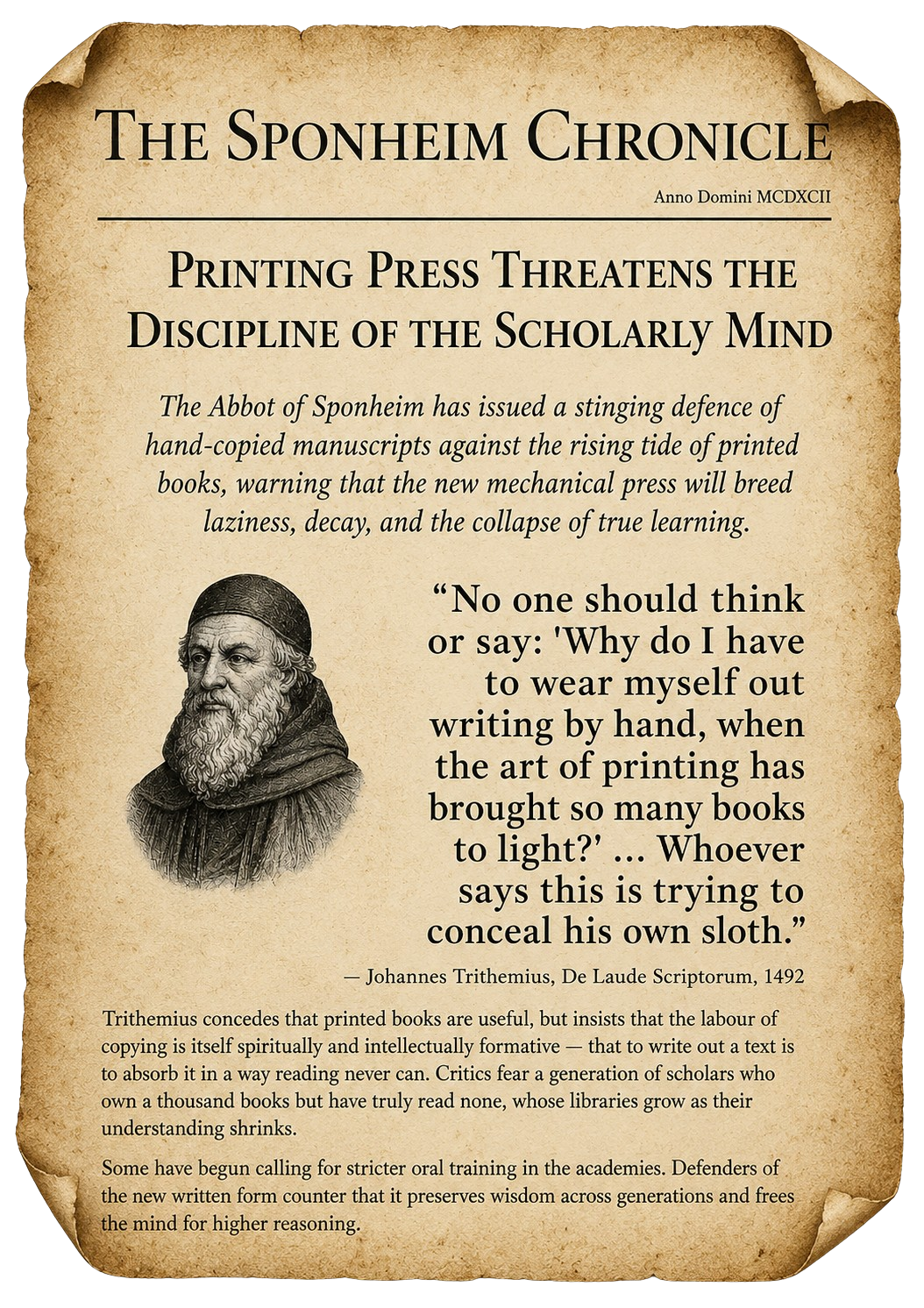 The Sponheim Chronicle, 1492. Headline: Printing Press Threatens the Discipline of the Scholarly Mind. Pull quote from Johannes Trithemius in De Laude Scriptorum: No one should think or say: Why do I have to wear myself out writing by hand, when the art of printing has brought so many books to light? Whoever says this is trying to conceal his own sloth. Late-medieval manuscript styling on aged vellum.