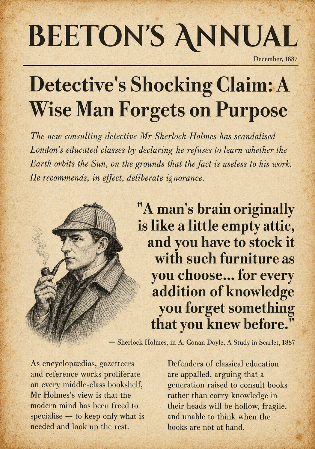 The Strand, 1887. Headline: Detective's Shocking Claim: A Wise Man Forgets on Purpose. Pull quote from Sherlock Holmes in A Study in Scarlet by A. Conan Doyle: A man's brain originally is like a little empty attic, and you have to stock it with such furniture as you choose, for every addition of knowledge you forget something that you knew before. Victorian newspaper styling on cream newsprint.