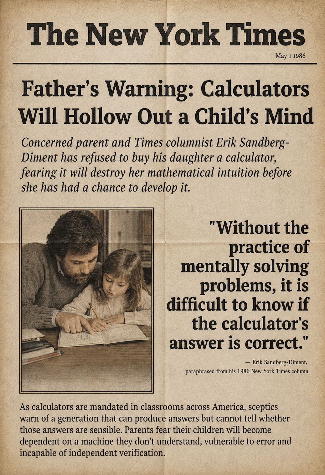 The New York Times, 1986. Headline: Father's Warning: Calculators Will Hollow Out a Child's Mind. Pull quote from Erik Sandberg-Diment, paraphrased from his 1986 Personal Computers column: Without the practice of mentally solving problems, it is difficult to know if the calculator's answer is correct. Mid-1980s broadsheet styling on yellowed newsprint.