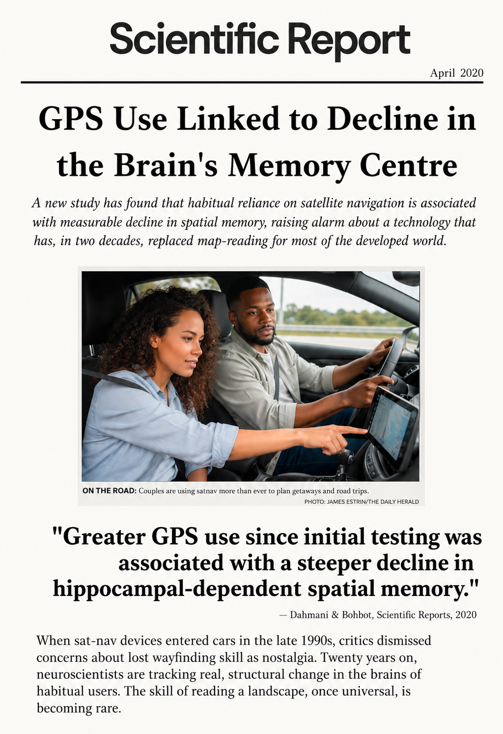Scientific Reports / Nature, April 2020. Headline: GPS Use Linked to Decline in the Brain's Memory Centre. Pull quote from Dahmani and Bohbot in Scientific Reports, 2020: Greater GPS use since initial testing was associated with a steeper decline in hippocampal-dependent spatial memory. Contemporary scientific journal styling, clean white background.